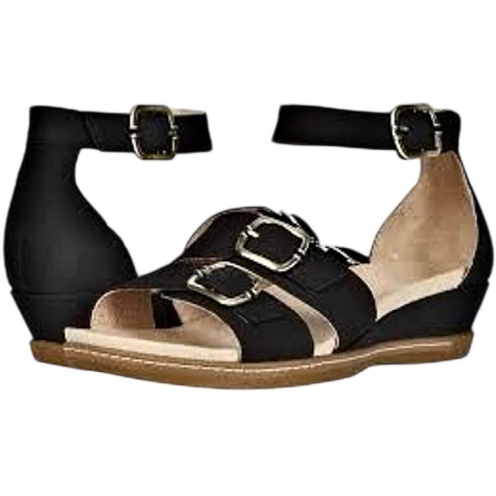 Dansko Astrid Black Nubuck Leather Wedge Ankle Strap Sandals Buckle Comfort 39